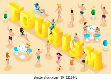 Isometrics trip, rest, people in summer, girls in bathing suits, men in swimming trunks, sand, sea, beach, big letters, inscription font set4