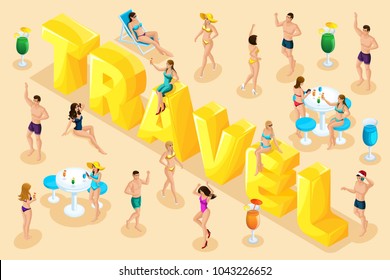 Isometrics trip, rest, people in summer, girls in bathing suits, men in swimming trunks, sand, sea, beach, big letters, inscription font set5