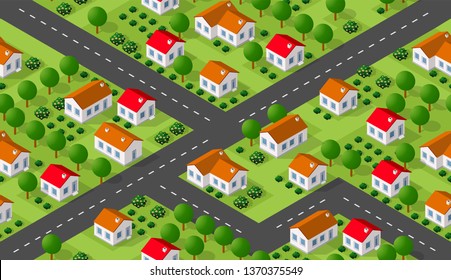 Isometrics village seamless pattern. Suburban structure landscape from ranch villa cottage with trees park lawn grass and streets