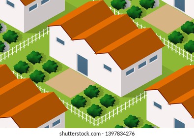 Isometrics village seamless pattern. Suburban structure landscape from ranch villa cottage with trees park lawn grass and streets