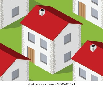 Isometrics Dorfnahtloses Muster. Suburban-Baulandschaft von Ranch-Villa-Hütte mit Bäumen Park Rasen und Straßen