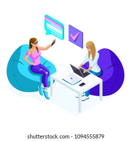 Isometrics of young girls while working, one working for a laptop, the other is shooting a video, selfie, self, conducting a joint blog on social networks.