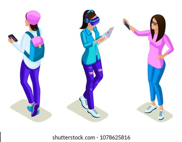 Isometrics young people, teenagers, stylish clothes and backpacks, generation Z, use of gadgets, phone, smartphone, virtual games.