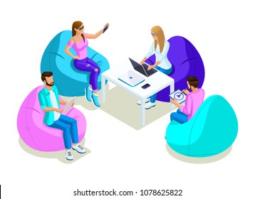 Isometrics young people, teenagers, work in the coworking center, freelancers, programmers, visualizers, analysts, developers.