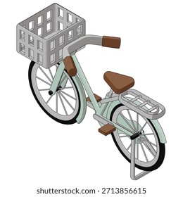 Ilustración vectorial de estilo isométrico de una bicicleta con una canasta frontal y un estante de carga. Los activos de diseño se basan en el transporte, el estilo de vida, el transporte ecológico y la vida urbana.