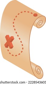 Isometruc scroll with map and pin game icon. Scroll of vintage paper on a white background in isometric style. Retro papyrus illustration vector