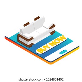 isometry 3d. Set for online shopping online. Smartphone with sofa and armchair on a white background