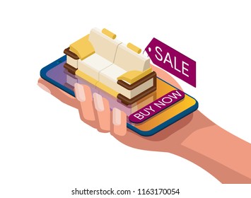 isometry 3d. Set for online shopping online. Smartphone with sofa and armchair on a white background