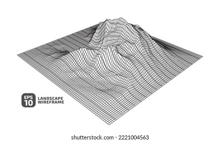 Isometry 3d square area. Abstract wireframe background. 3D grid technology illustration landscape. Digital Terrain Cyberspace in Mountains with valleys. Data Array. Black on White. Vector Illustration