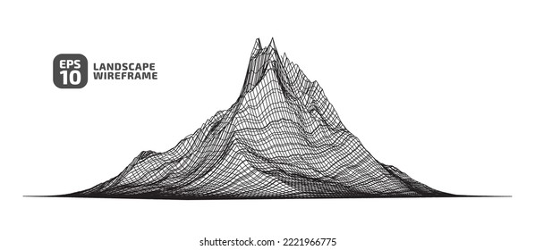 Isometry 3d square area. Abstract wireframe background. 3D grid technology illustration landscape. Digital Terrain Cyberspace in Mountains with valleys. Data Array. Black on White. Vector Illustration
