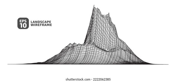 Isometry 3d square area. Abstract wireframe background. 3D grid technology illustration landscape. Digital Terrain Cyberspace in Mountains with valleys. Data Array. Black on White. Vector Illustration
