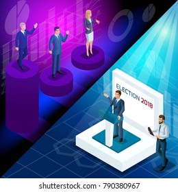 Isometry is the angular concept of advertising presidential candidates. Dispute, debate, ratings. 3d men and women on the background of diagrams.