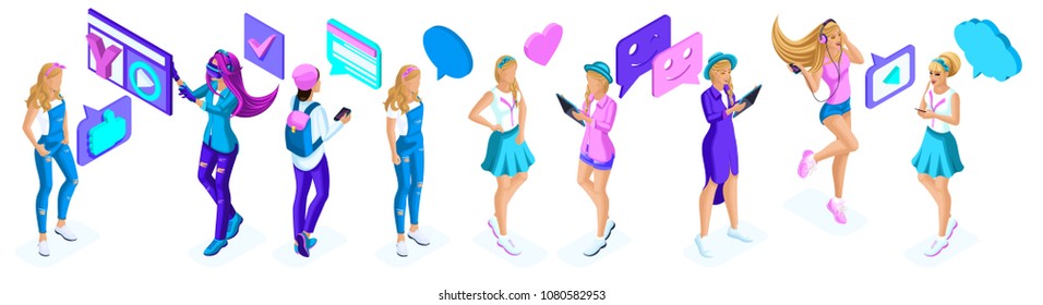Isometry big set of adolescent girls, generation Z, communication icons, gadgets, video on the Internet, social networks.
