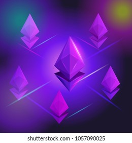 Isometry the birth of the crypto currency Ethereum, a set of signs, icons in isometric, a bright holographic background. Colorful glow of icons Ethereum