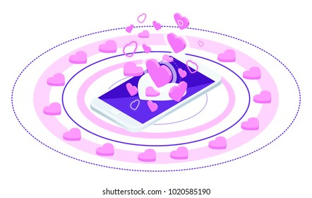 Isometry is a bright advertising concept on the theme of love and love correspondence. A stylish smartphone emits a lot of pink hearts