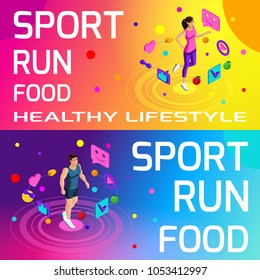 Isometry bright colorful banners on the theme of sport, healthy eating, healthy lifestyle. Running, sport, body beauty and sports figure set3