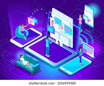 Isometry is a bright concept of online correspondence, an excellent illustration for animation. Fashionable bright characters online in social networks.