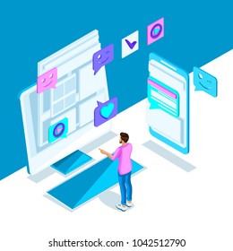 Isometry is a bright template with an internet correspondence of a young girl, smartphone, monitor, message. Bright holographic design set 4.