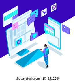 A isometria é um modelo brilhante com uma correspondência de internet de uma jovem, smartphone, monitor, mensagem. Conjunto de design holográfico brilhante 2.