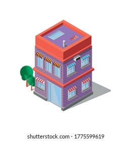 Isometry building, a tall brick building with trees and a store on the first floor. The color purple