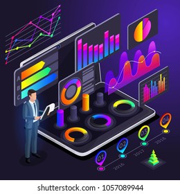 Isometry of business men, businessmen holographic bright colored graphics, revenue growth analytics, reports, diagrams, finance, money, growth