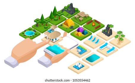 Isometry of businessman's hand to look for suitable rest on the Internet, travel, warm countries, the sea, camping, palm trees. A large set of icons for rest for all tastes.