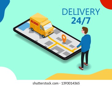 Isometry cargo delivery smartphone buyer, van, truck, route of navigation of the city map, point of delivery, vector, GPS navigation application, route of delivery of the cargo checkpoint. Landing