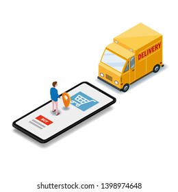 Isometry cargo delivery smartphone buyer, van, truck, route of navigation point of delivery, vector, GPS navigation application, route of delivery of the cargo checkpoint. Landing template, vector