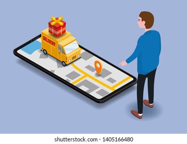 Isometry cargo delivery smartphone buyer, van, truck, route of navigation of the city map, point of delivery, vector, GPS navigation application, route of delivery of the cargo checkpoint. Landing tem