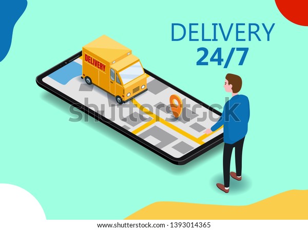 Isometry cargo delivery smartphone buyer, van,\
truck, route of navigation of the city map, point of delivery,\
vector, GPS navigation application, route of delivery of the cargo\
checkpoint. Landing