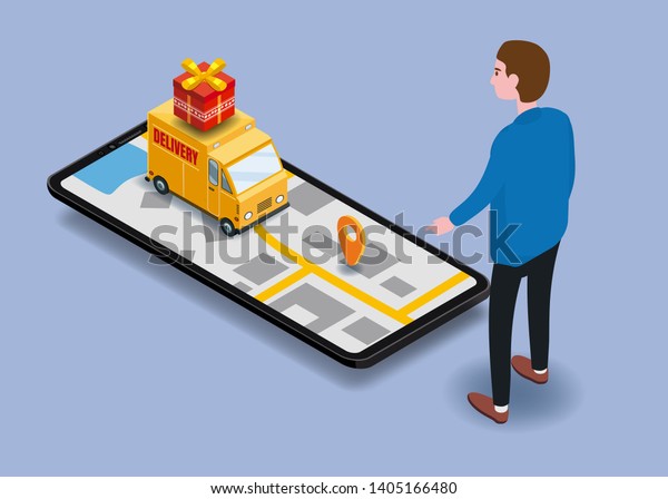 Isometry cargo delivery smartphone buyer, van, truck,\
route of navigation of the city map, point of delivery, vector, GPS\
navigation application, route of delivery of the cargo checkpoint.\
Landing tem