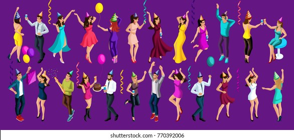 Isometry celebratory party, 3d girls and men dancing, birthday, dancing, festive accessories, cake, gifts serpentine, firework