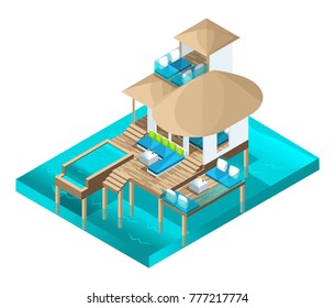 Isometry chic bungalow in the Maldive Islands, a magnificent room in the middle of the ocean, luxury for rich people, a dream.