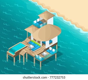 Isometry chic bungalow on the Maldive Islands near the shore, a magnificent room in the middle of the ocean, luxury vacation for rich people, a dream.