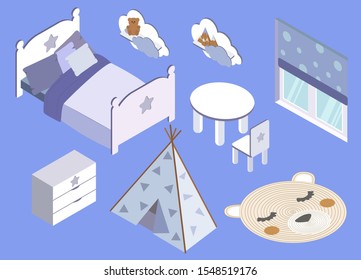 isometry. children's room for boy. Blue in vector