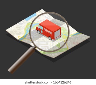 Isometry City map route navigation, Search van cargo delivery order, application drawing schema, isometric city plan GPS navigation, Search isometric itinerary destination delivery truck city map