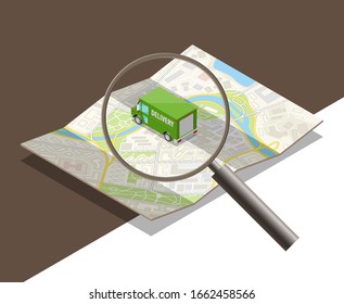 Isometry City map route navigation, Search van cargo delivery order, application drawing schema, isometric city plan GPS navigation, Search isometric itinerary destination delivery truck city map