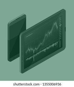 Isometry concept business infographic strategy. Analysis data Investment. Business success. Financial review laptop phone infographic elements. 3d isometric flat design. Vector business illustration