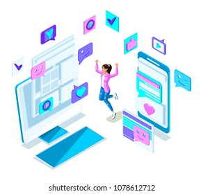 Isometry cool girl teenager, jumping, generation Z, beautiful and young blonde, in summer clothes, social networking phones, gadgets set 6.