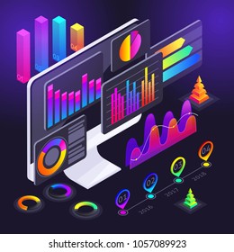 Isometry diagrams on the computer screen, holographic color charts, profit indicators, analysis, analytics, revenue growth, reports, money, fluctuations of the crypto
