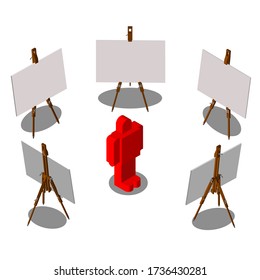 Isometry. Easel with a large picture. From different angles. You can use it separately or in a whole composition. Figure of a red man in the center