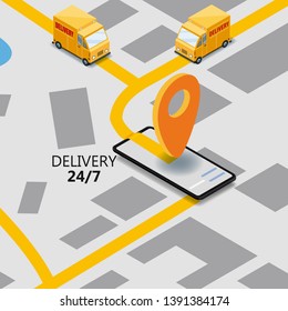 Isometry express cargo delivery route navigation map of the city, smartphone, van delivery point, truck, vector, GPS navigation app, delivery route of the cargo checkpoint. Vector, illustration