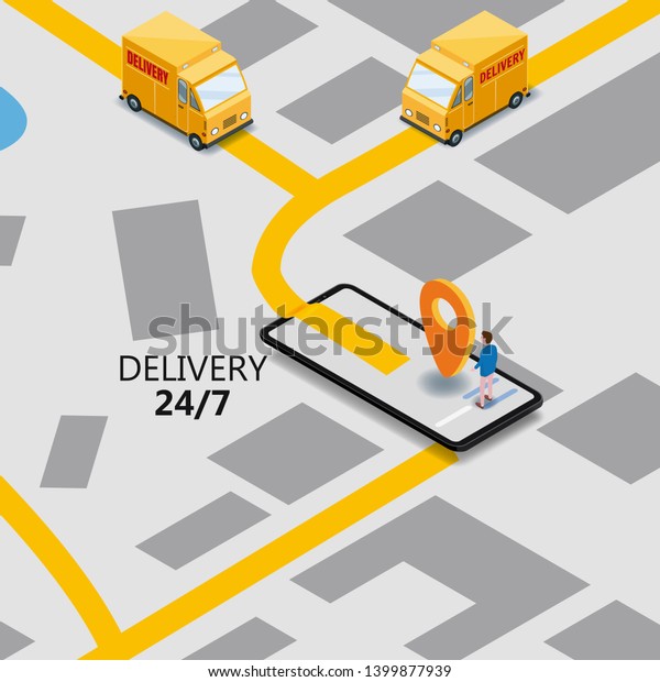 Isometry express cargo delivery route\
navigation map of the city, smartphone, van delivery point, truck,\
vector, GPS navigation app, delivery route of the cargo checkpoint.\
Vector, illustration