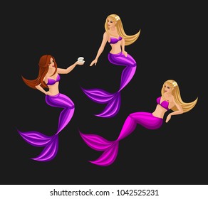 Isometry fairy characters on a dark background, beautiful mermaids, a bright set of characters set 4