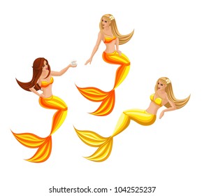 Isometry fairy characters on a dark background, beautiful mermaids, a bright set of characters set 3