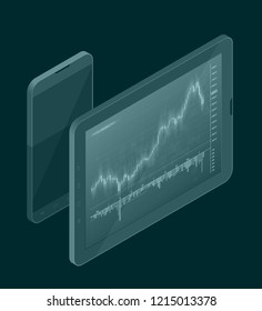 Isometry Financial audit business chart concept. Use for web banner, infographics, hero images. Flat isometric smartphone tab vector illustration isolated background, Concept business strategy data