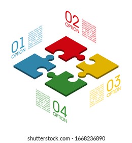 Isometry Four sided 3d square puzzle presentation. Abstract isometric 4 pieces puzzle infographic