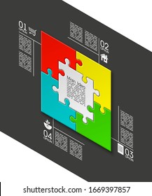 Isometry Four sided 3d square puzzle presentation. Abstract isometric 4 pieces puzzle infographic