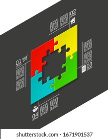 Isometry Four sided 3d square puzzle presentation. Abstract isometric 4 pieces puzzle infographic