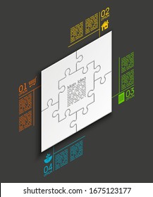 Isometry Four sided 3d square puzzle presentation. Abstract isometric 4 pieces puzzle infographic